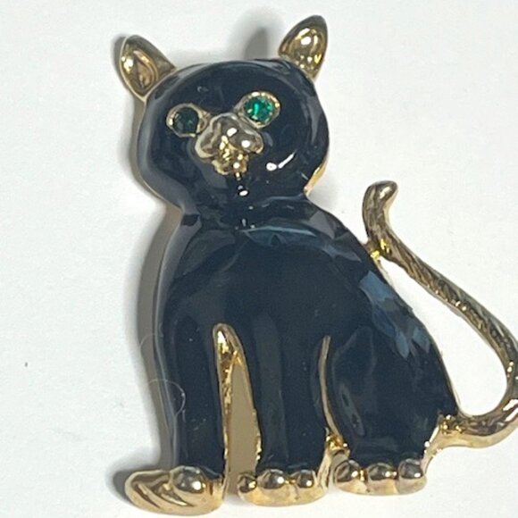 VTG Black Enamel Gold Toned Cat Kitten Brooch Pin Green Eyes 1.5" - Picture 2 of 9